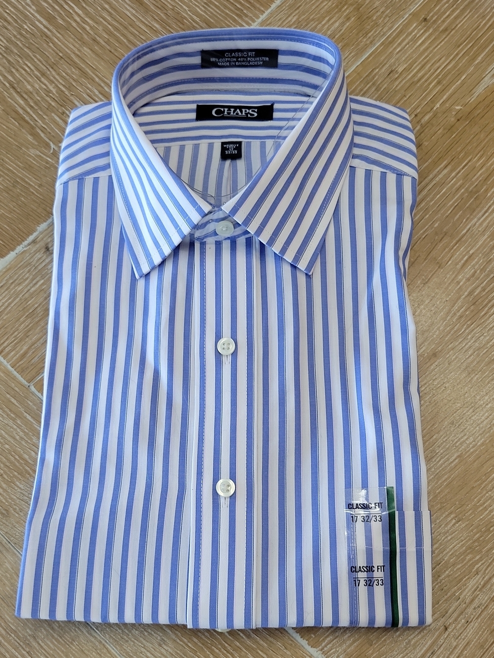 Chaps Men's Blue Striped Classic Fit Wrinkle Free Dress Shirt Size 17-32/33 NWT
